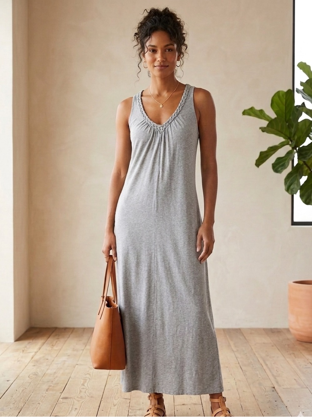 Iisli gray sleeveless v neck 100% cotton braided neck maxi dress size small